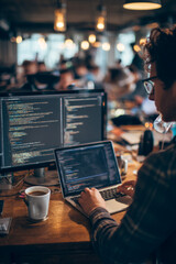 Early afternoon in a tech hub with computers and gadgets A young developer is coding while sipping coffee