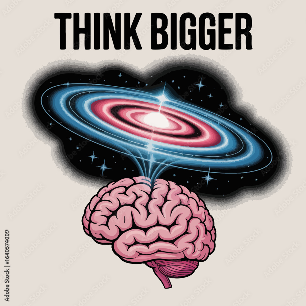 Poster Surreal digital art inspiring 'think bigger' concept with brain and galaxy connection representing unlimited potential and cosmic ideas vector