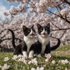 Tuxedo baby cats pawing at falling cherry blossoms, clear with a beautiful background