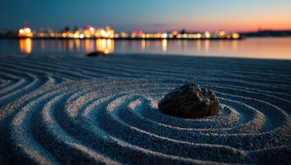 Obraz premium Serene coastal Zen garden at dusk; city lights background, meditation