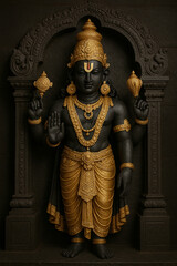 Intricately carved black stone statue of Lord Balaji (Venkateswara) adorned with golden ornaments, standing within a traditional temple.