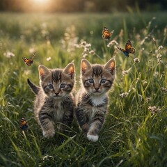 Baby cats running through tall grass with butterflies, clear with a beautiful background