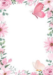 Fototapeta premium pink roses frame and pink butterfly