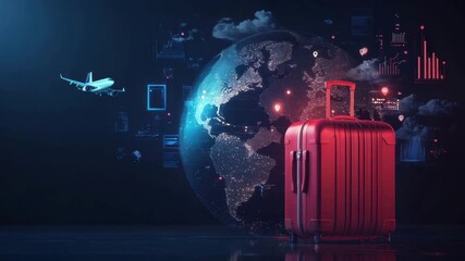 Red suitcase with airplane flying near digital globe showing travel data and location points, symbolizing global tourism journey with futuristic technology and digital transportation concepts - Powered by Adobe