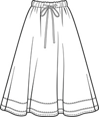 Fashionable flared midi skirt with drawstring waist, elastic waistband, feminine A-line silhouette, sewing pattern outline for clothing design illustration, vector art