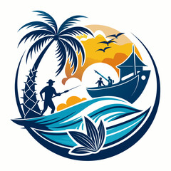 Summer themed vector logo. Features a fisherman, coconut trees, blue ocean waves, and a boat.