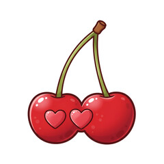 Cartoon Illustration Of Two Red Cherries With Heart Shaped Emblems Isolated