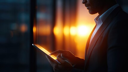 Business professional using a tablet at sunset.