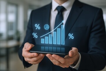 Businessman Displays Business Growth Chart on Smartphone, Representing Financial Success and Positive Market Trends