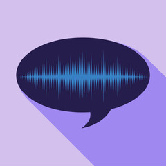 A dark blue speech bubble contains a vibrant blue sound wave graphic against a light purple background with a long shadow. vector