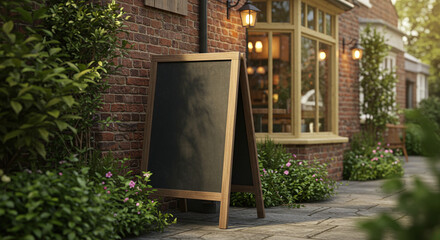 Blank A-frame chalkboard sign ready for custom message outside a charming traditional pub or cafe, perfect for inviting announcements and daily specials in an idyllic setting.