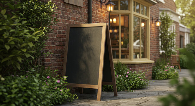 Blank A-frame chalkboard sign ready for custom message outside a charming traditional pub or cafe, perfect for inviting announcements and daily specials in an idyllic setting.