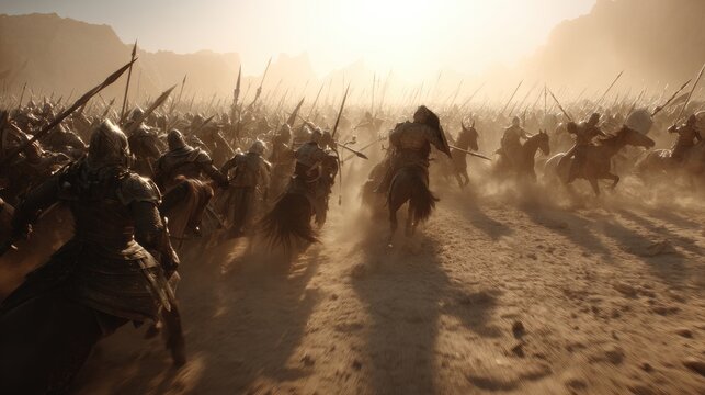 A large cavalry charge across a desert battlefield.