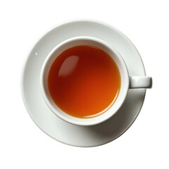 A top down shot of a white teacup filled with hot black tea on a saucer transparent background