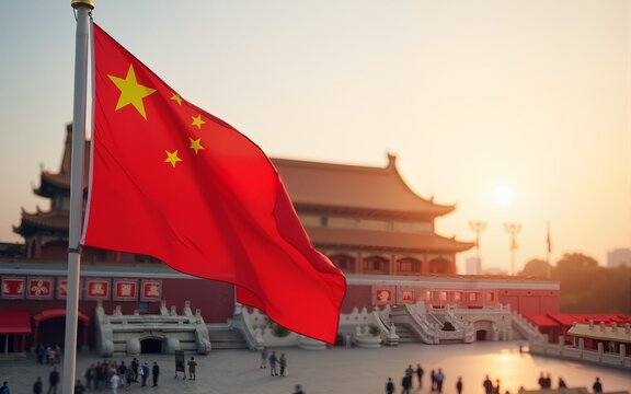 National Day of the Republic of China. The main public holiday in China. On this day, Tiananmen rises in Beijing's main square National flag of the People's Republic of China. High quality - Powered by Adobe