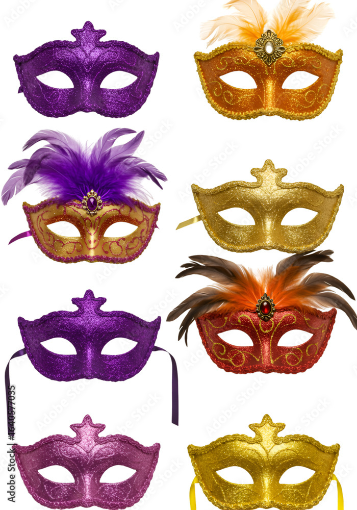 Poster collection of carnival masks with glitter feathers in multiple colors isolated on transparent backgr