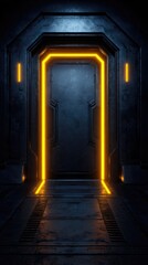 Fototapeta premium Dark futuristic corridor with glowing yellow lines.