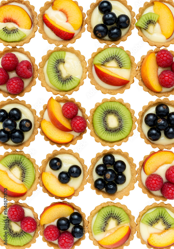 Poster colorful array of fruit tartlets on a transparent isolated background