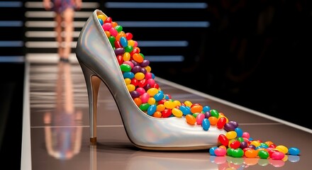 Surreal fashion concept with an oversized silver stiletto shoe filled with colorful jelly beans on a catwalk