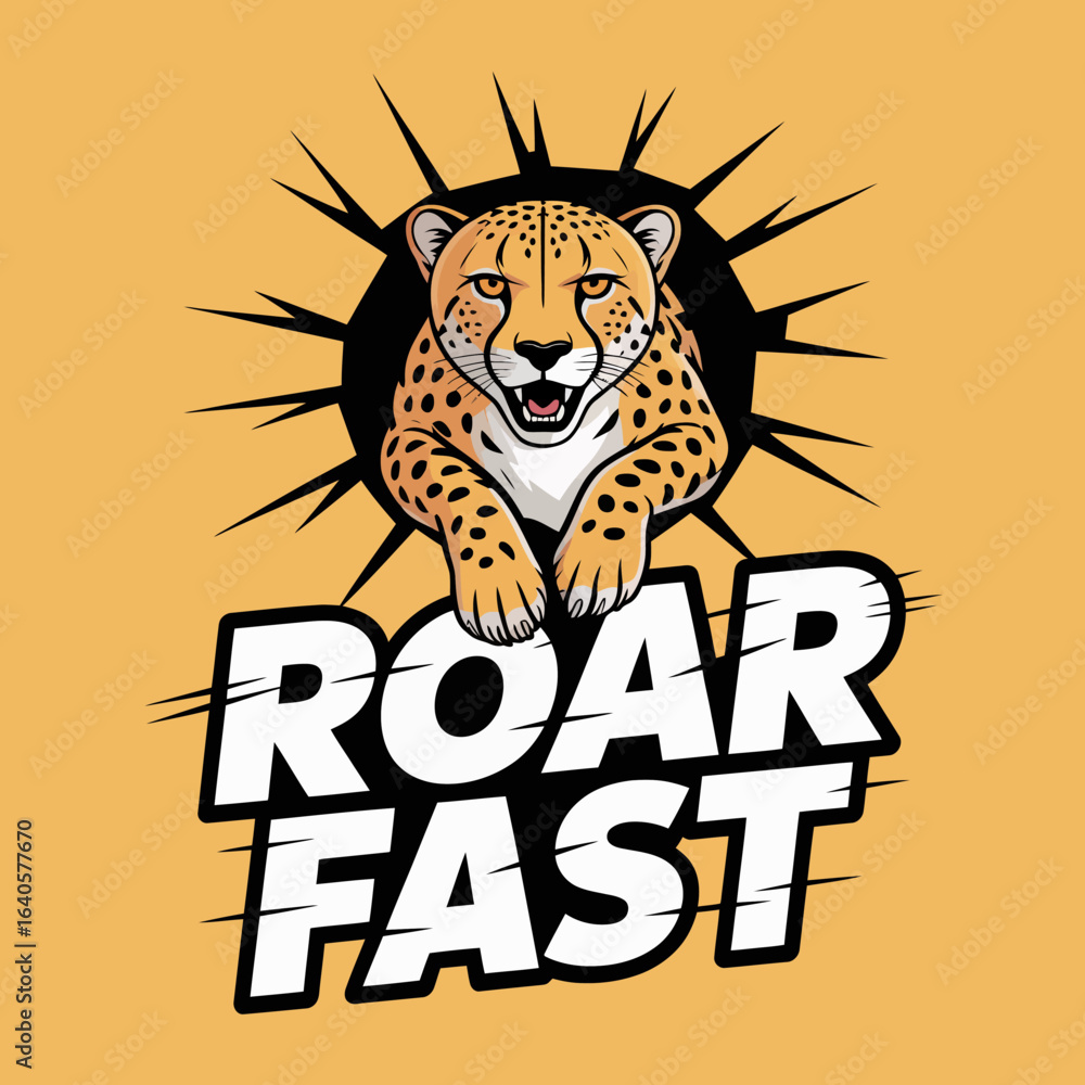 Poster a fierce and happy cheetah with its mouth open in a roar bursting through a black circular hole with