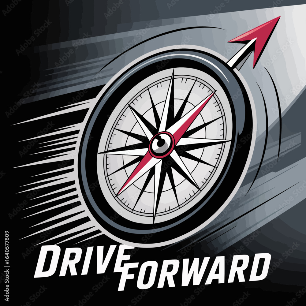 Poster a dynamic and motivational image featuring a compass with a red arrow pointing forward symbolizing p