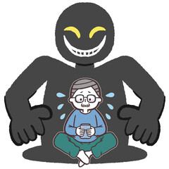 	犯罪者におびえるスマホシニア男性のイラスト