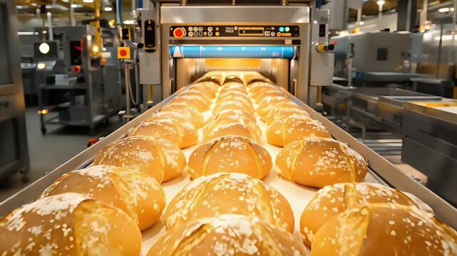 Freshly Baked Bread Rolls on a Conveyor Belt in an Industrial Bakery Facility