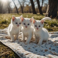 Snow-white baby kittens chasing their tails on a picnic blanket, clear with a beautiful background