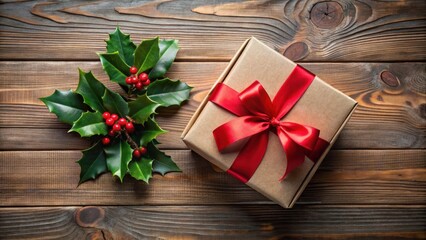 Fototapeta premium A Festive Gift Box Adorned with a Crimson Bow and Holly Sprigs Resting on a Rustic Wooden Surface