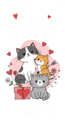 Cute Cats Celebrating Valentine's Day with Hearts and Gift Illustration Photo