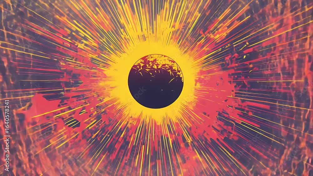 Poster abstract digital art of a solar eclipse with radiating beams and color transitions