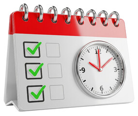 A calendar with a clock, featuring checkboxes marked with green ticks, symbolizing time management and task completion.