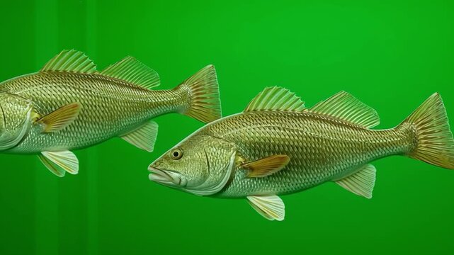 Two golden croaker fish swimming together in front of a vibrant green colored background image green screen animal video