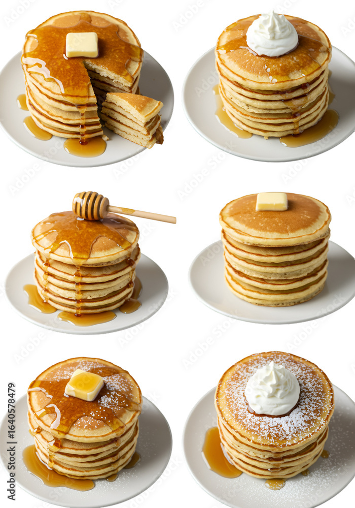Poster delicious stack of pancakes with butter and syrup isolated on transparent background photo