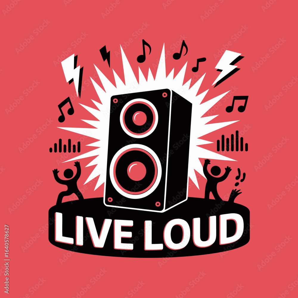 Poster energetic speaker bursting with music and lightning bold elements symbolizing loud live performance 