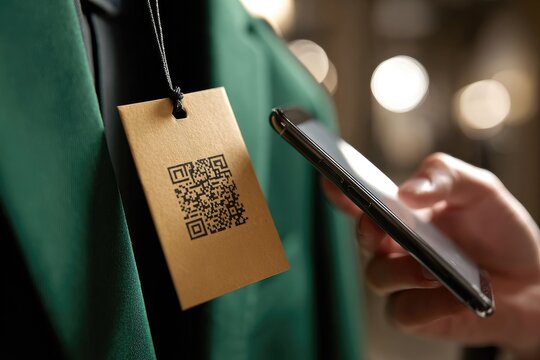 QR code on a garment tag is scanned with a smartphone.