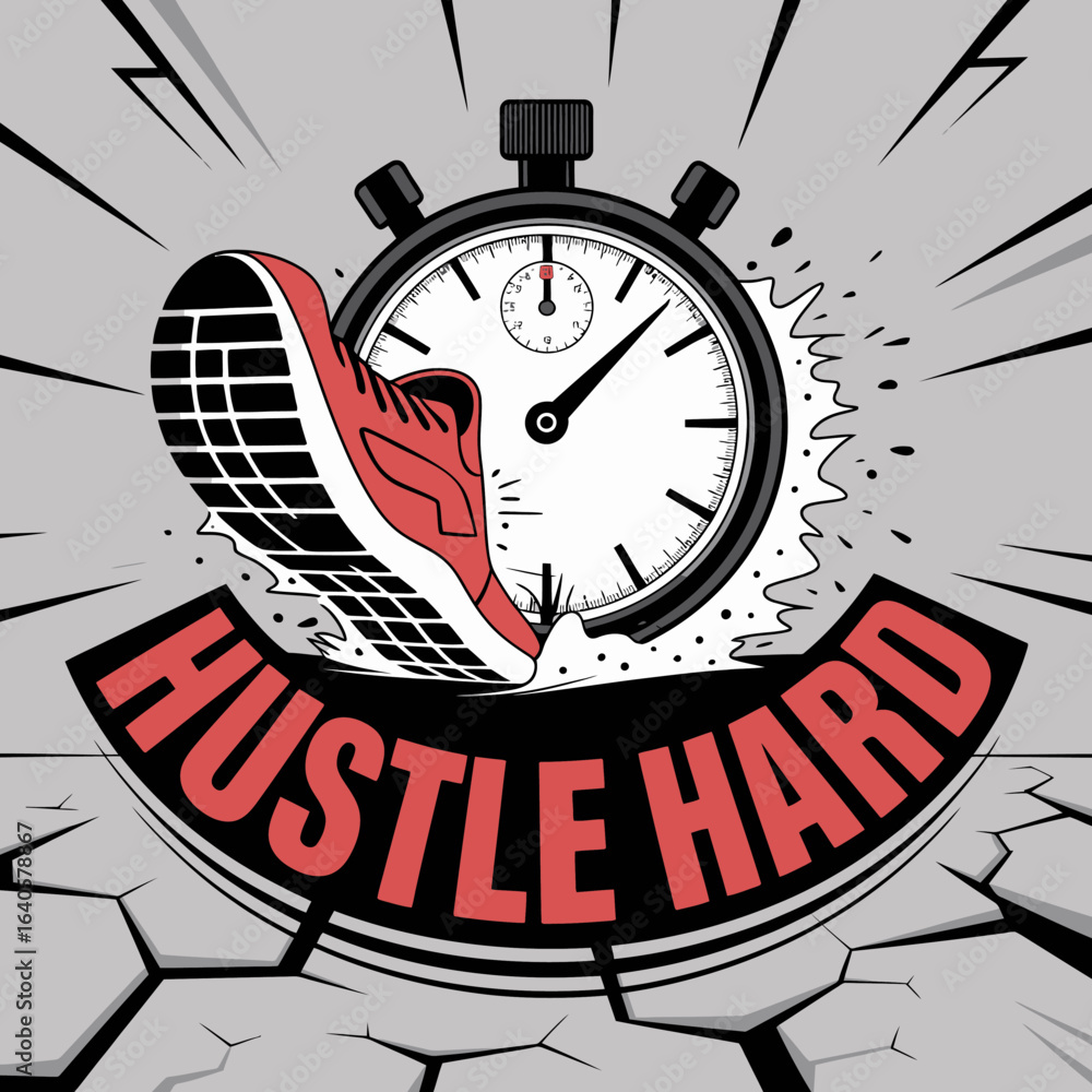 Poster Dynamic illustration of a running shoe breaking through a stopwatch with the motivational phrase hustle hard emblazoned below symbolizing speed determination and achieving goals