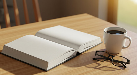 Naklejka premium A blank open book and a steaming mug of coffee sit on a wooden table next to reading glasses, bathed in natural sunlight, ideal for study or quiet reflection.