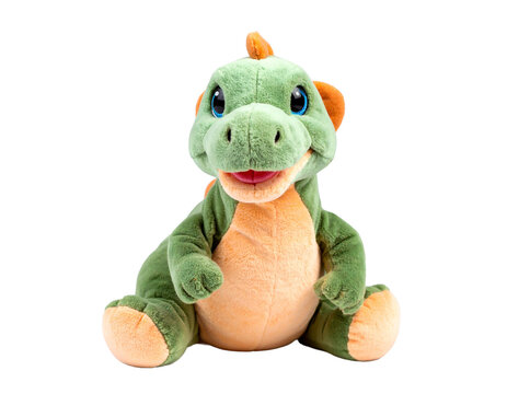 A green plush dinosaur toy with spikes on its back, a fun and colorful stuffed animal, isolated on a white background.