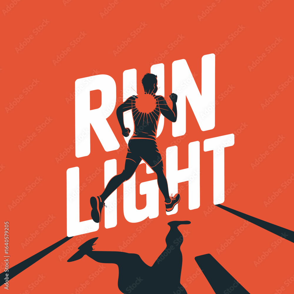 Poster dynamic illustration of a determined runner in silhouette mid stride against a bold orange backgroun