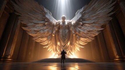 Majestic statue of an angel within a grand hall.