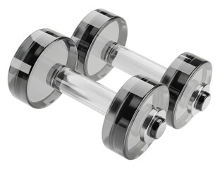 A pair of modern, sleek dumbbells designed for strength training, featuring a unique transparent design with black accents.
