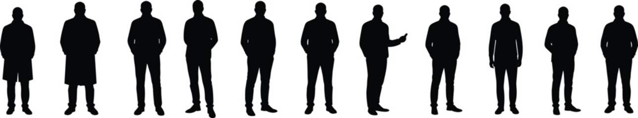 Silhouette of business people standing in row, male and female figures, black vector illustration, formal posture, human shapes, team concept, office style