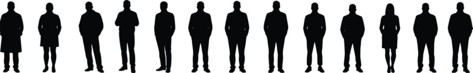 Silhouette of business people standing in row, male and female figures, black vector illustration, formal posture, human shapes, team concept, office style