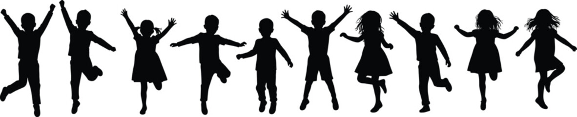 Silhouette of happy children jumping, playing together, black vector illustration, kids fun activity, childhood joy, friendship, outdoor play, celebration, carefree moments