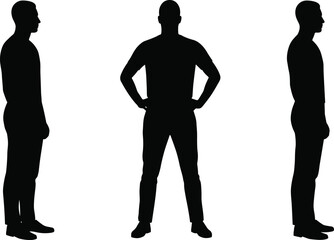 Silhouette of man in side and front view, standing posture, male figure, black vector illustration, human shape, profile and frontal position