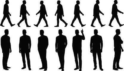Silhouette of man walking, standing, various poses, black vector illustration, male figure, human posture, casual style, motion sequence, body movement, shadow art