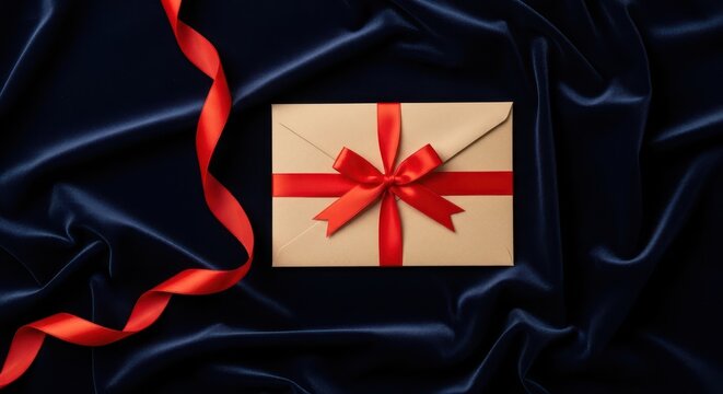 Gift envelope with red ribbon and bow on dark velvet fabric