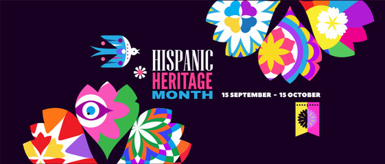 National Hispanic heritage month banner with girl, papel picado, guitar Hispanic and Latino Americans culture, event Celebrate annual october in United States Vector illustration template background