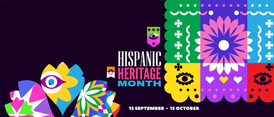 National Hispanic heritage month banner with girl, papel picado, guitar Hispanic and Latino Americans culture, event Celebrate annual october in United States Vector illustration template background